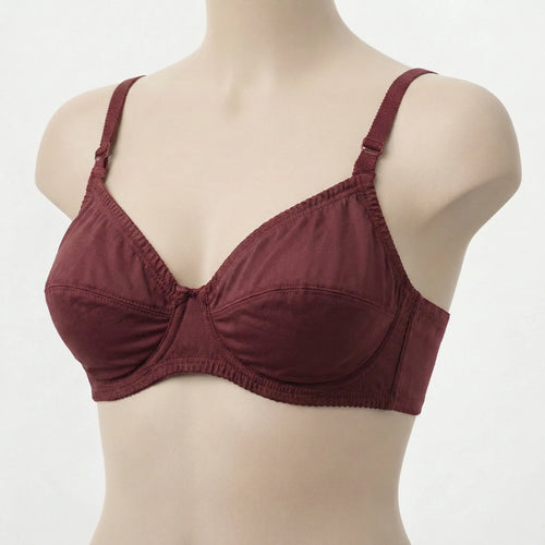 Maroon bra on a mannequin against a white background