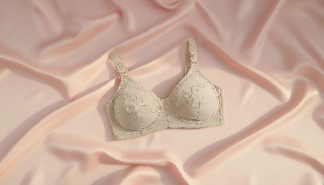 Beige bra on a pink textured fabric background