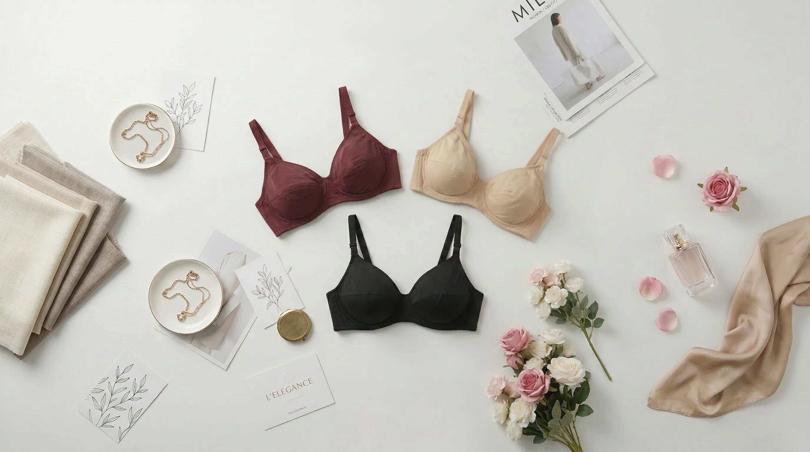 Three bras in different colors on a white surface with flowers and other items.