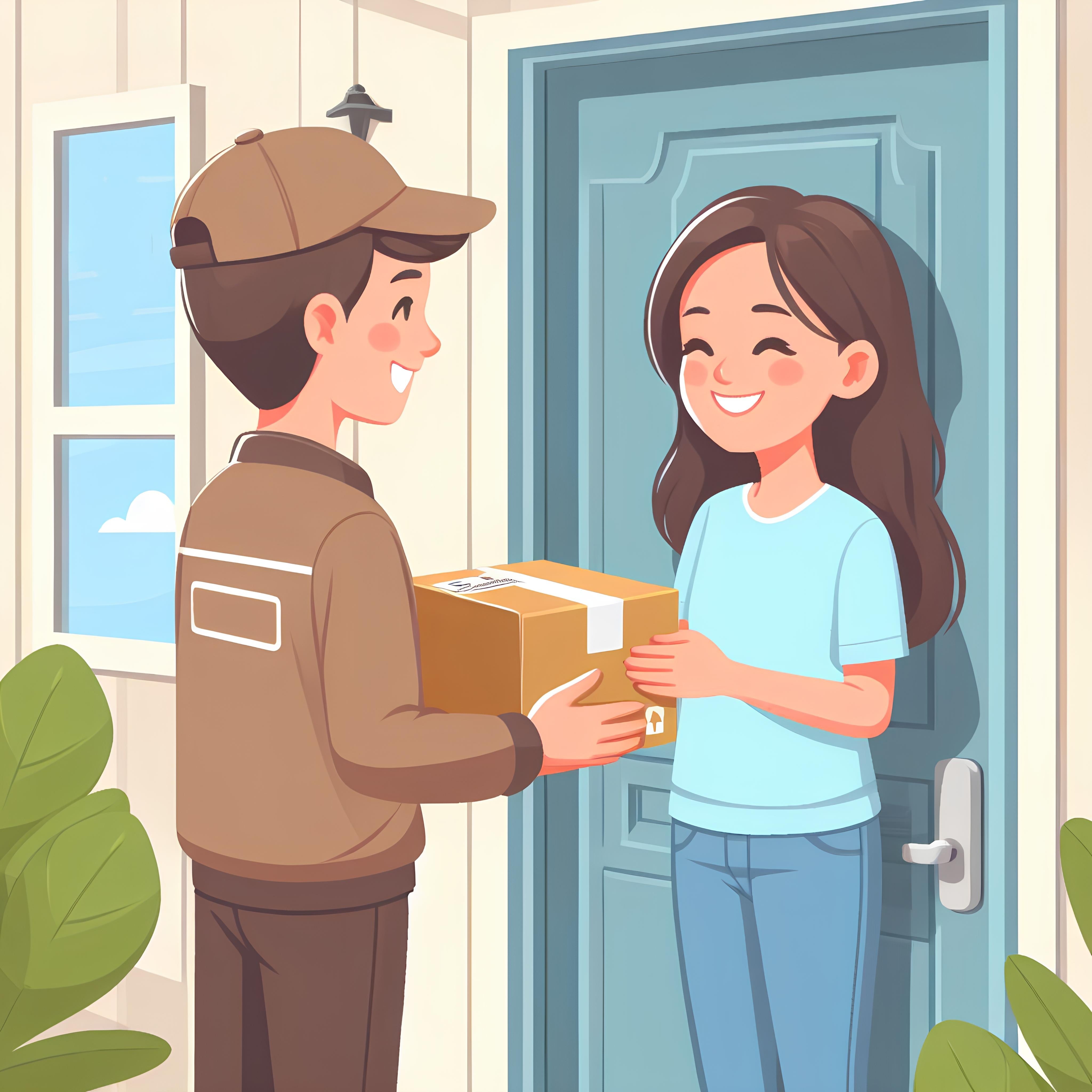 Illustration of a delivery person handing a package to a happy recipient at a door.